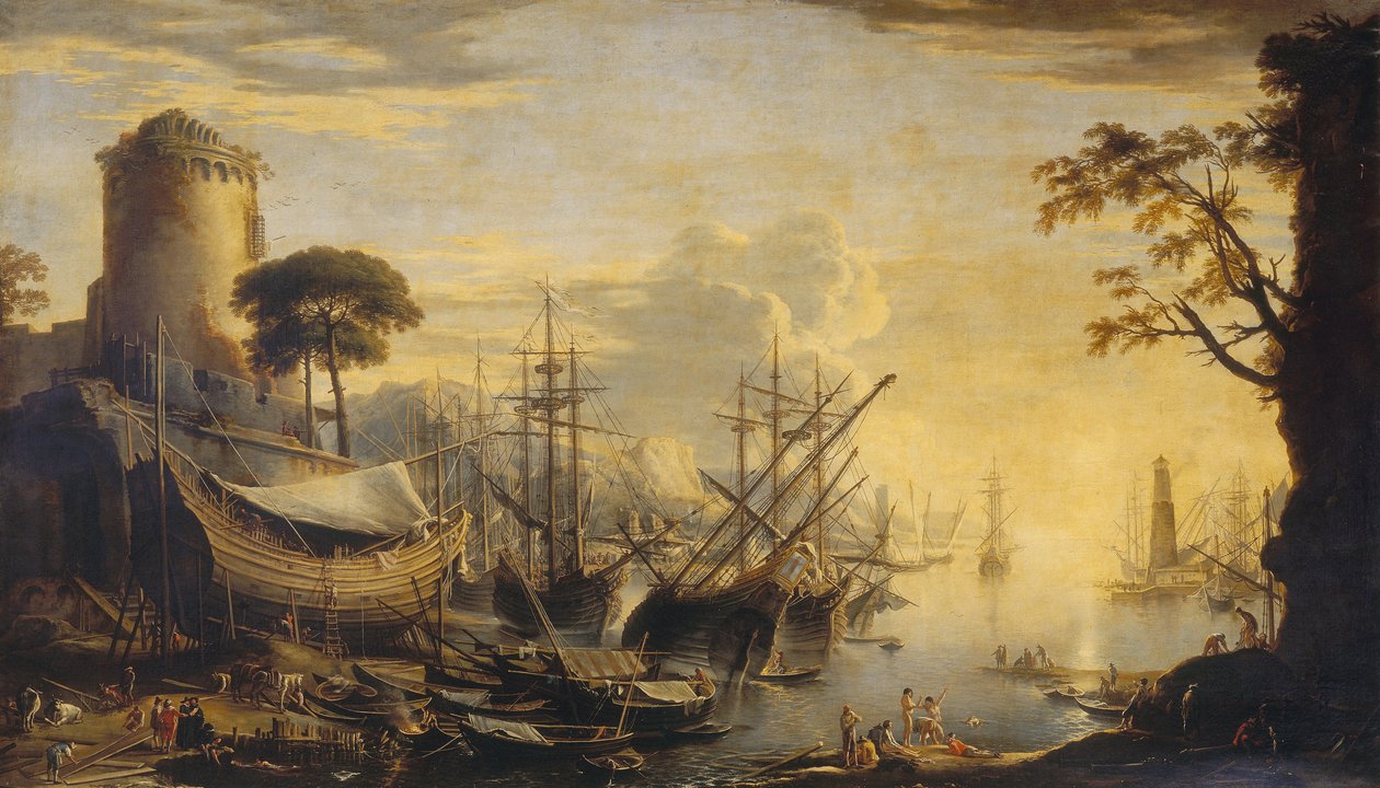 Kikötő naplementekor alkotó: Salvator Rosa