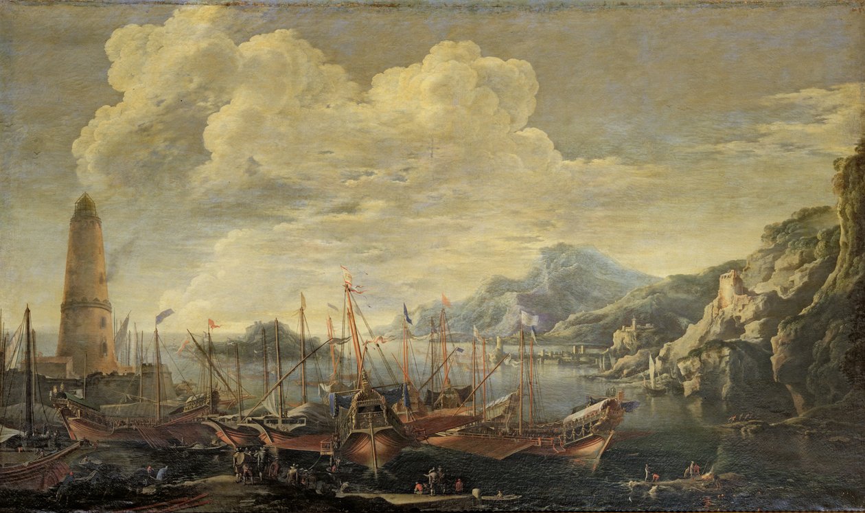 Kikötő világítótoronnyal és hajókkal alkotó: Salvator Rosa