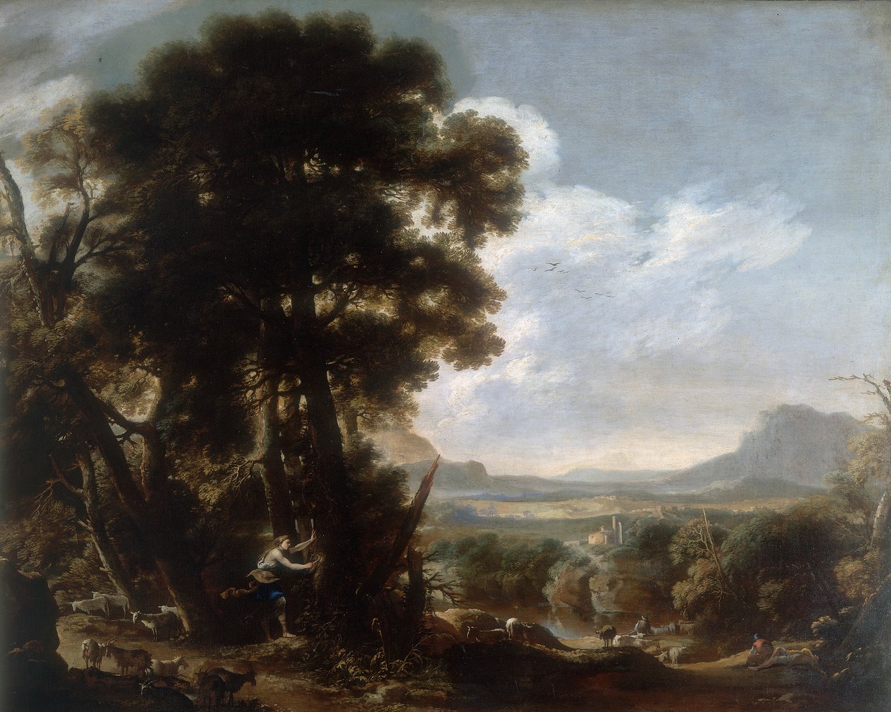 Hermina egy fára faragja a Tancredi nevet, Salvatore Rosa munkája, amelyet a modenai Galleria Estense-ben őriztek. alkotó: Salvator Rosa