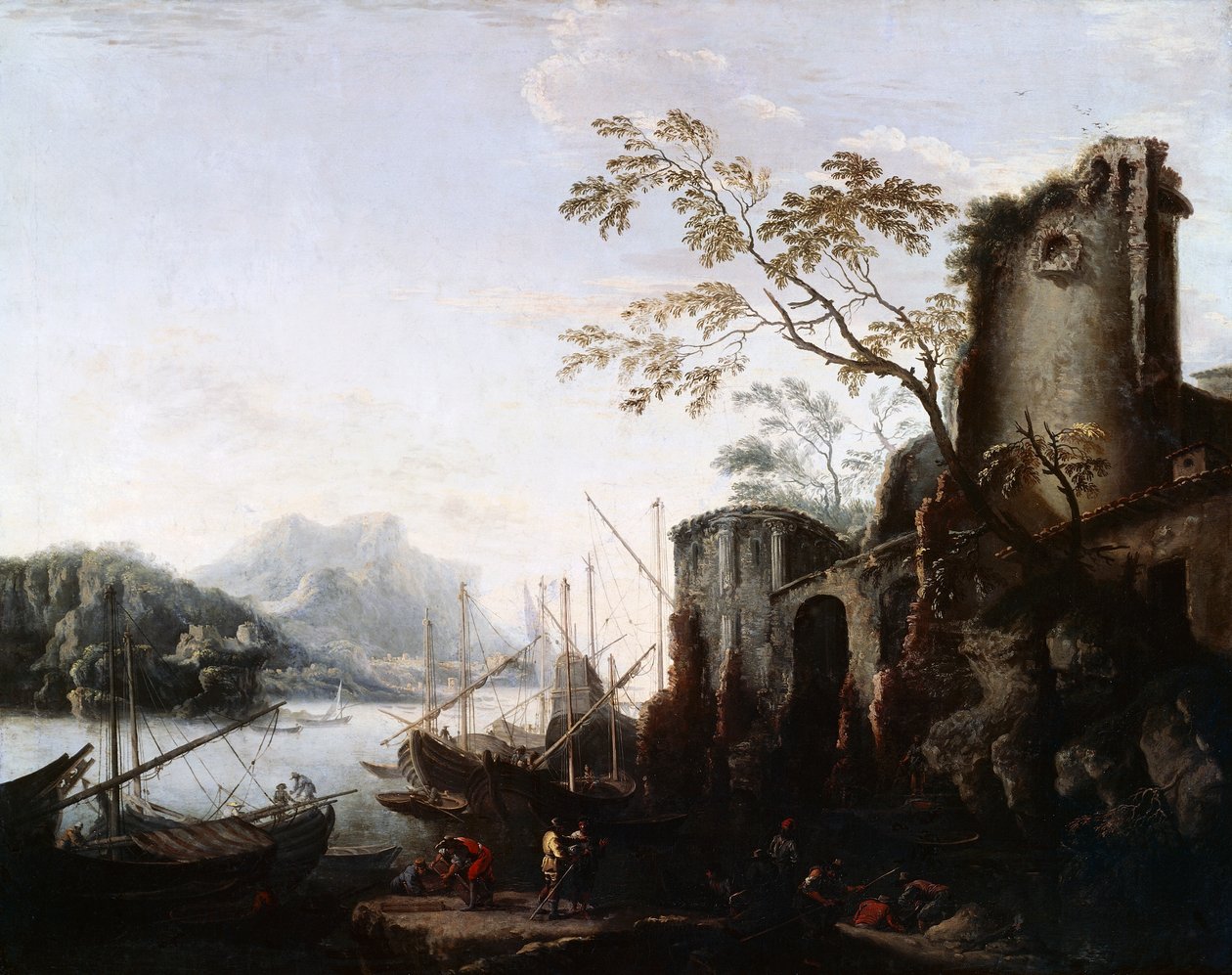 Tengeri táj tornyokkal, hajókkal és romokkal (Tengeri táj tornyokkal), 1645 körül, alkotó: Salvator Rosa