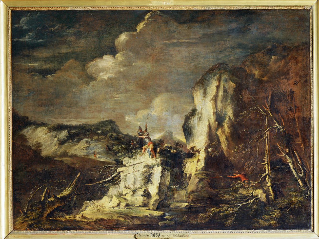 Sziklás táj vadászokkal és harcosokkal - Egy sziklás ... alkotó: Salvator Rosa