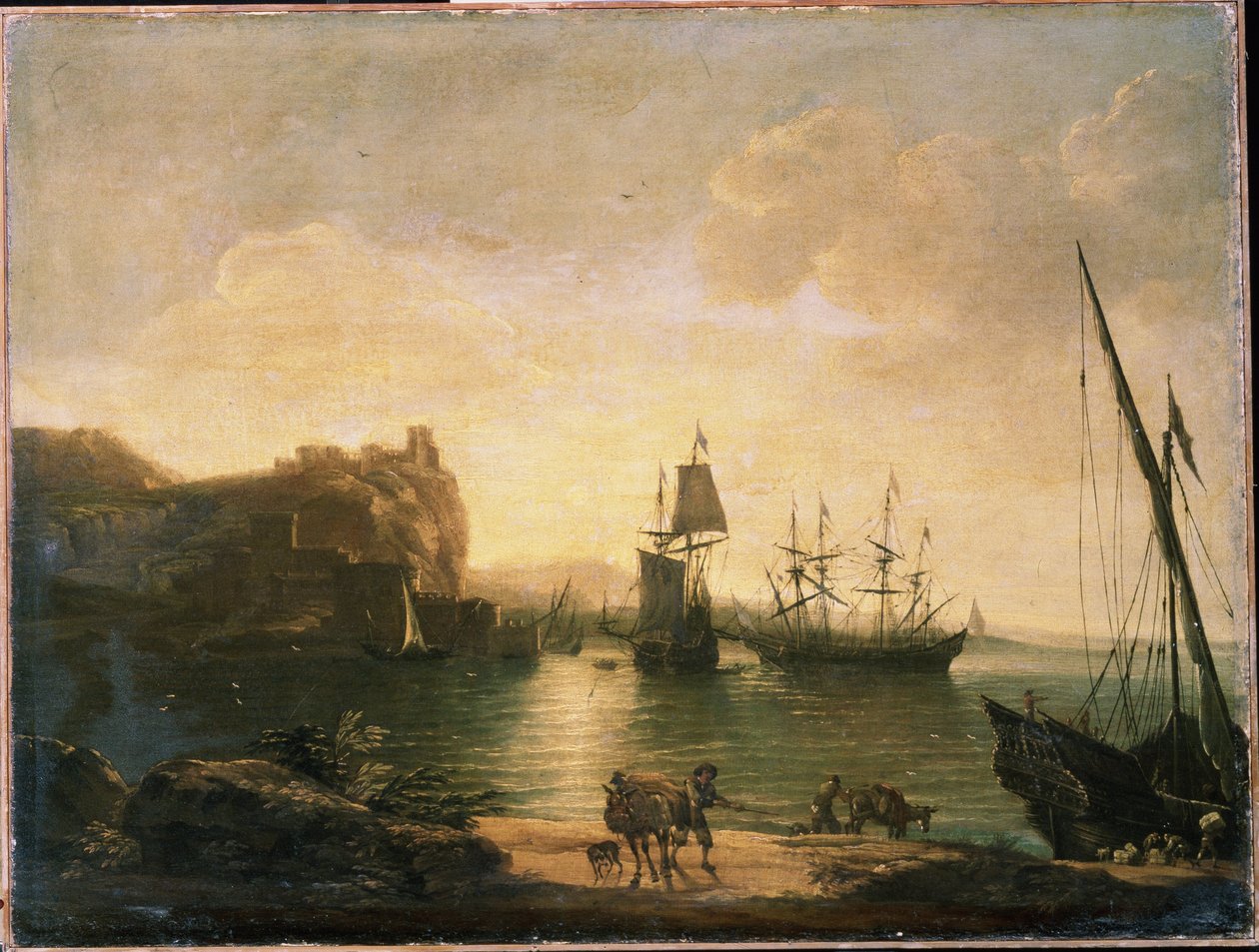 Kikötő. Salvator (Salvatore) Rosa (1615-1673) festménye, olaj, vászon, olasz művészet (Nápoly), barokk művészet. M. Kroshitsky Művészeti Múzeum, Szevasztopol (Ukrajna). alkotó: Salvator Rosa