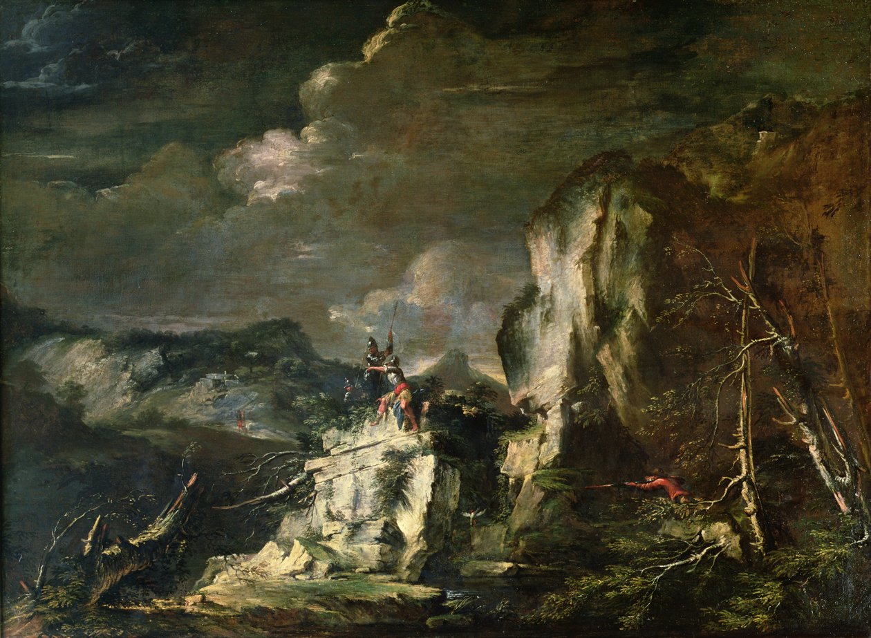 Sziklás táj egy vadászval és harcosokkal alkotó: Salvator Rosa