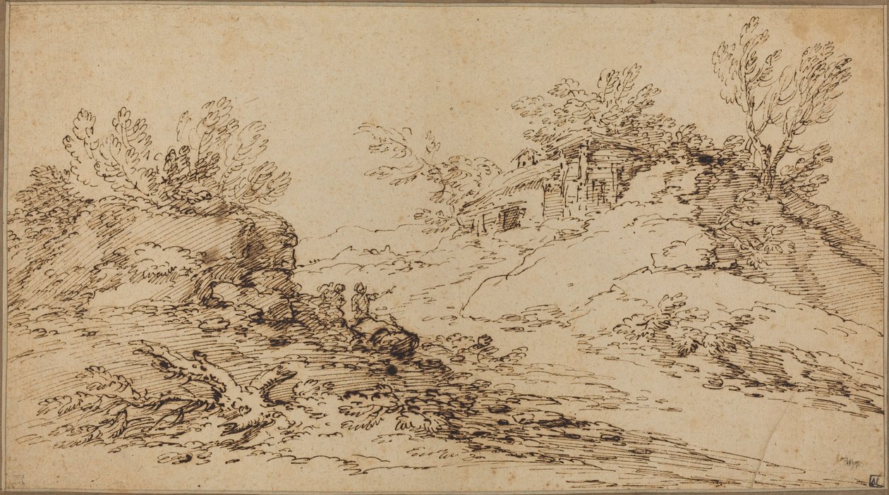 Sziklás táj rusztikus házzal alkotó: Salvator Rosa
