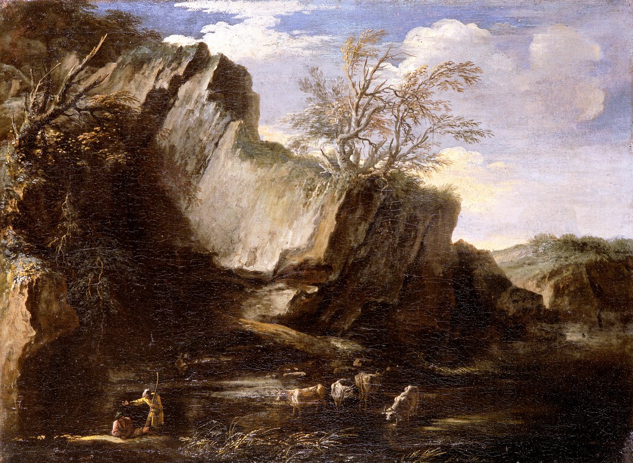 „Sziklás táj pásztorokkal és jószágokkal”, 1625-1673 alkotó: Salvator Rosa
