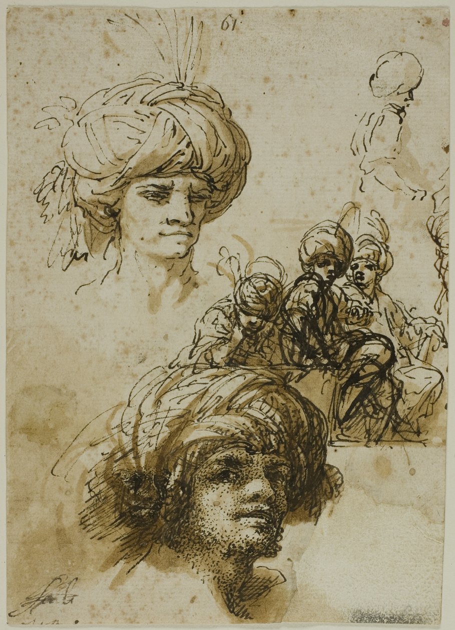 Turbános férfiak vázlatai (recto); egy alak töredéke és lombos építészeti díszítés vázlatai (verso) alkotó: Salvator Rosa