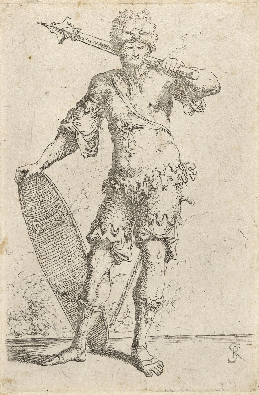 Álló egzotikus harcos, oroszlánfejű sapkát viselő, buzogányt és pajzsot tart, 1656-57 körül (rézkarc fektetett papírra) alkotó: Salvator Rosa