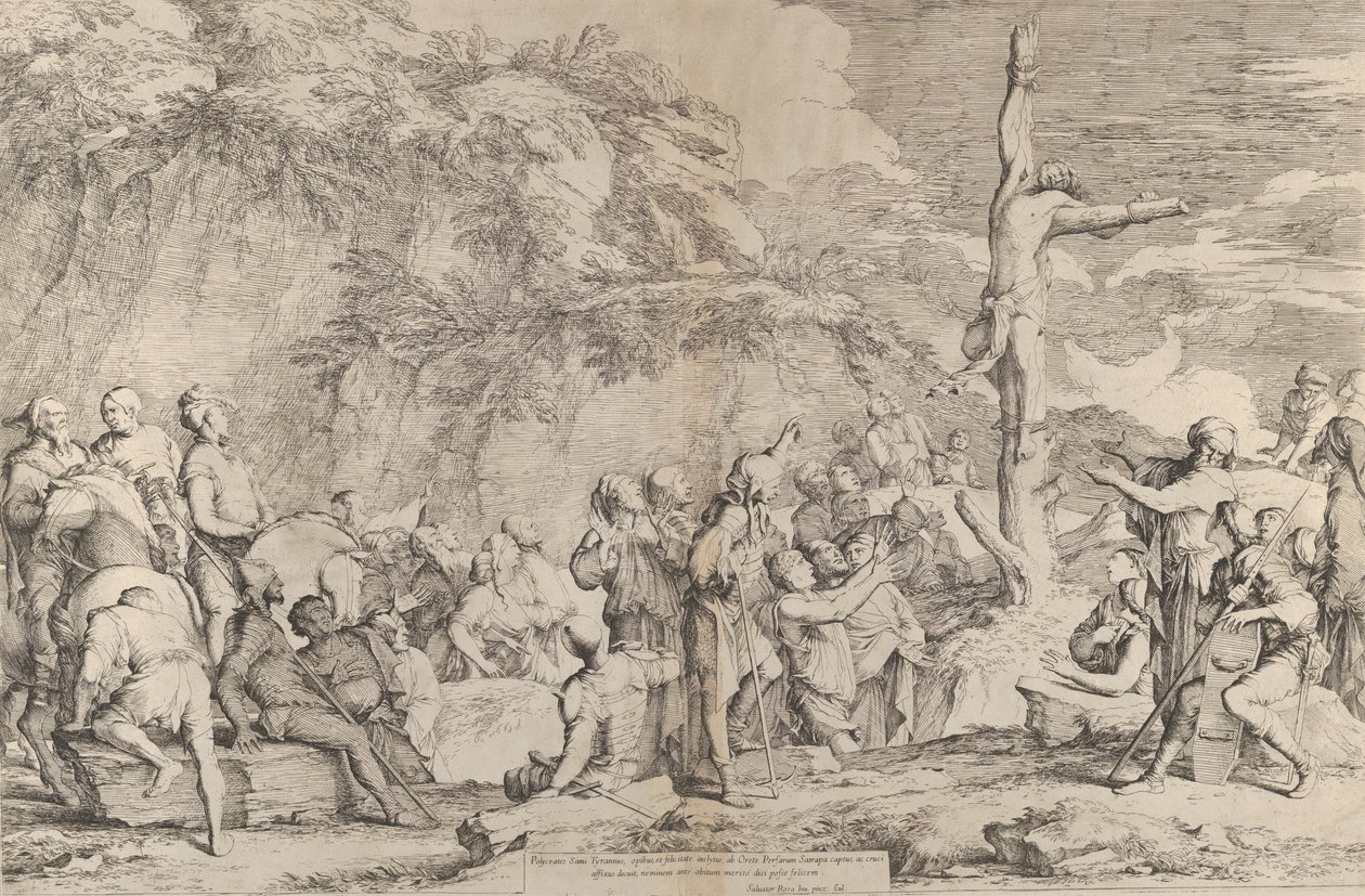 Polikratész, a zsarnok keresztre feszítése, miután a perzsák elfogták, kb. 1662. alkotó: Salvator Rosa