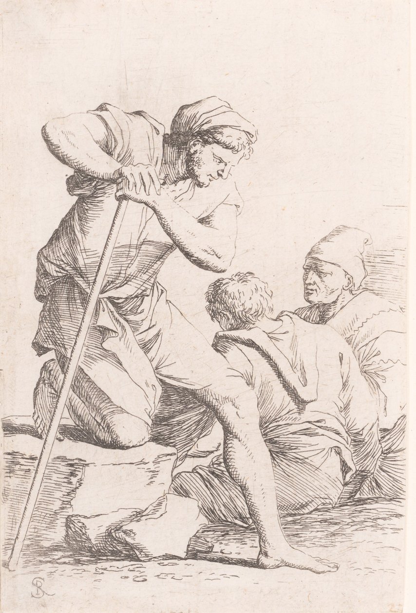 Két férfi ül, és egy másik férfi, aki egy botot tart egy sziklán, a szeri..., kb. 1656-1657. alkotó: Salvator Rosa