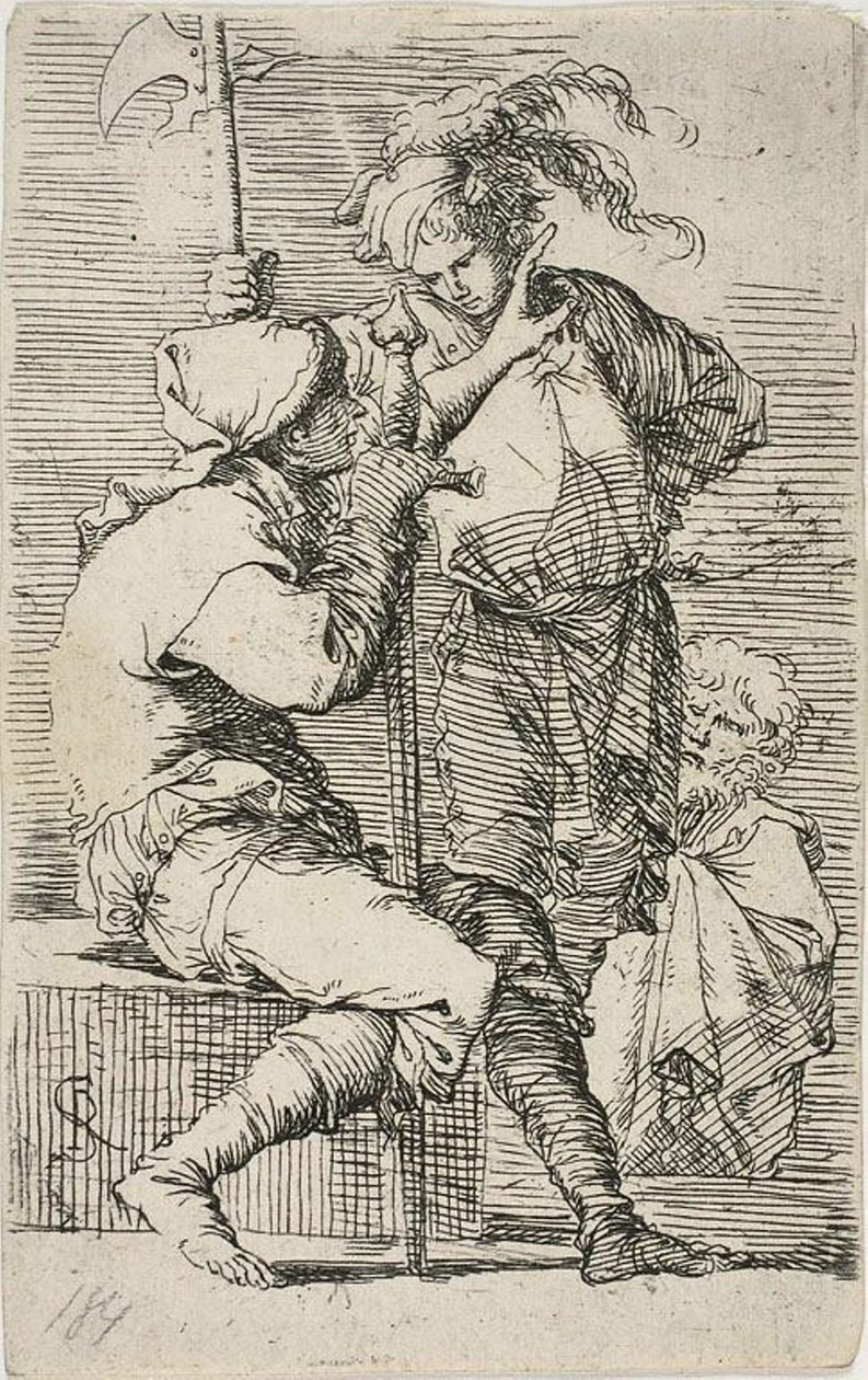 Két harcos, az egyik kardot, a másik alabárdot tart; egy öreg szakállas férfi mögöttük, Figurinából alkotó: Salvator Rosa