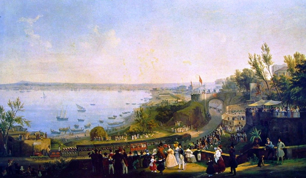 A Nápoly-Portici vasút megnyitása, 1840. alkotó: Salvatore Fergola