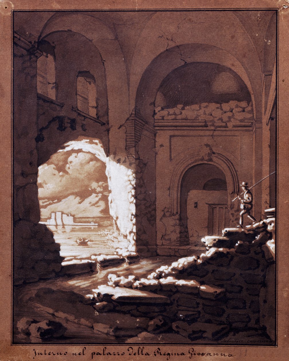 Giovanna királynő palotája belseje (ceruza, tusmosás és fehér tempera) alkotó: Salvatore Cammarano