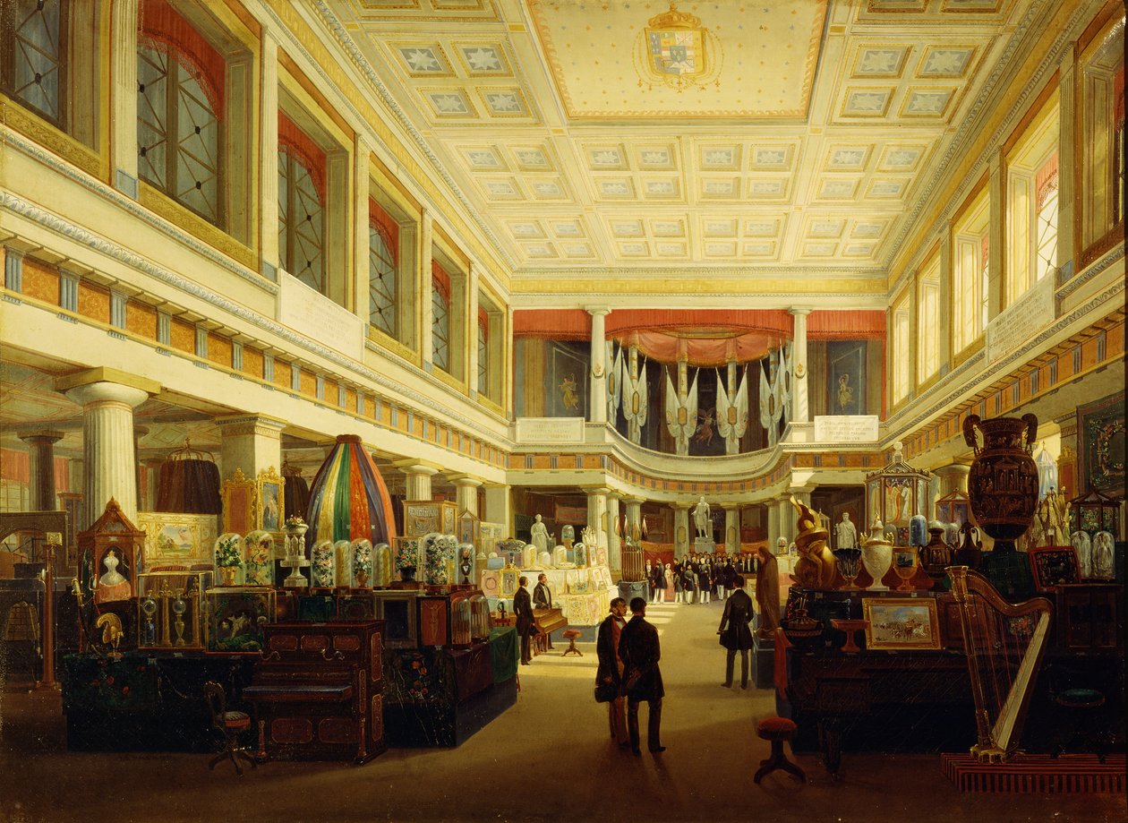 Az első ipari kiállítás Nápolyban a Sala Tarsiában 1854-ben, Salvatore Fergola alkotó: Salvatore Fergola