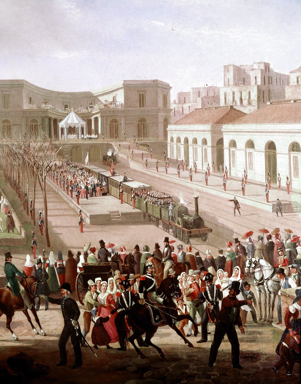 A Nápoly és Portici közötti vasútvonal felavatása 1839-ben II. Ferdinánd király jelenlétében (Nápoly és Portici közötti vasútvonal felavatása 1839-ben) Részlet - Salvatore Fergola (1799-1877) festménye Museo Nazionale di San Martino Nap alkotó: Salvatore Fergola