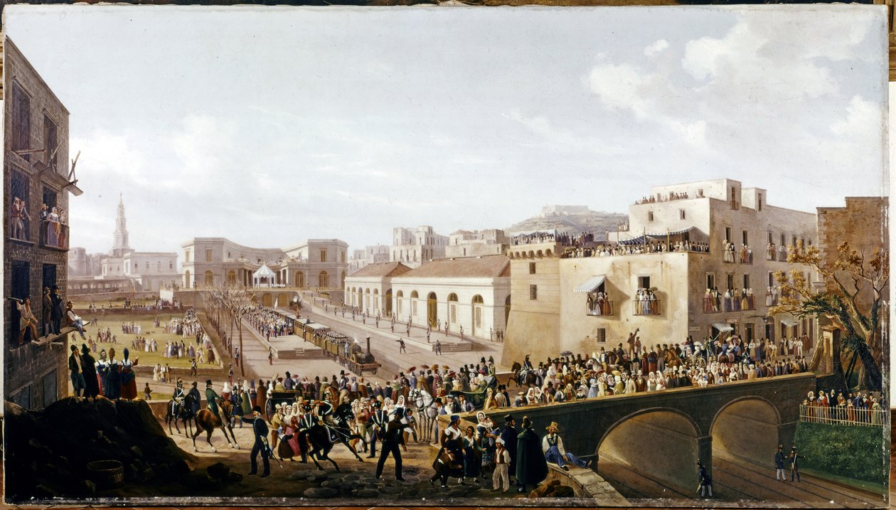 VASÚT: Napoli-Portici: Az első vezúviai vasútvonal megnyitása. 1839. október 3. (olaj, vászon) alkotó: Salvatore Fergola