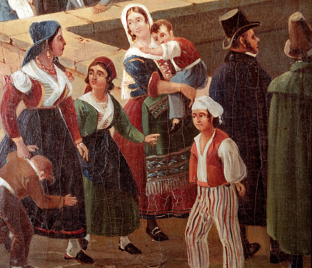 Hagyományos nápolyi viseletek: hétköznapi emberek Salvatore Fergola (1799-1877) festményének részlete 1859 Nápolyi Nemzeti Múzeum San Martino alkotó: Salvatore Fergola