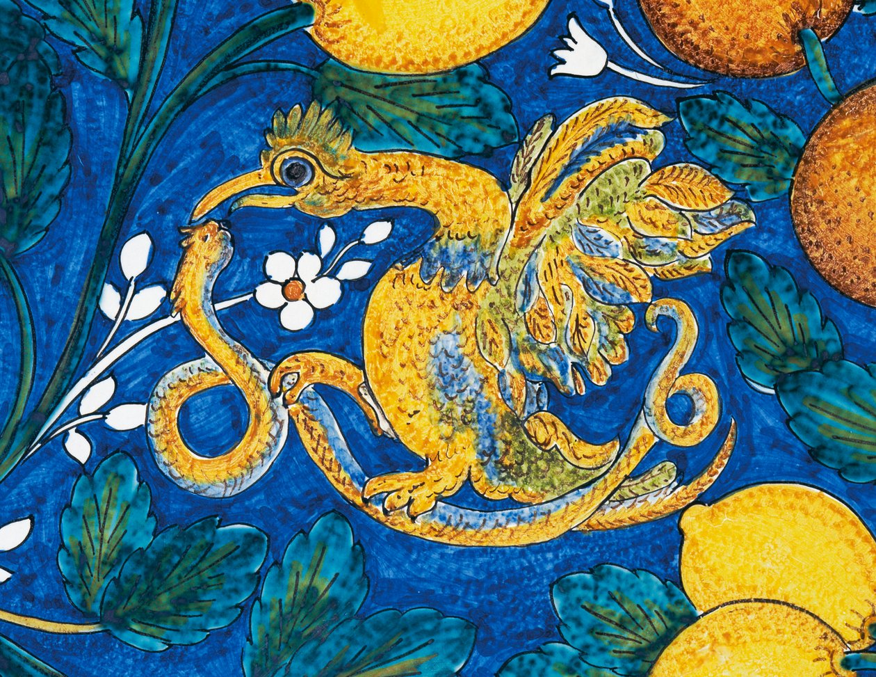 Citrusfélék, virágok és madarak kék alapon, dekoratív részlet asztal, majolika zománcozott lávakő, Salvatore Gurreri manufaktúra, Caltagirone, Szicília, Olaszország, 20. század alkotó: Salvatore Gurreri manufacture