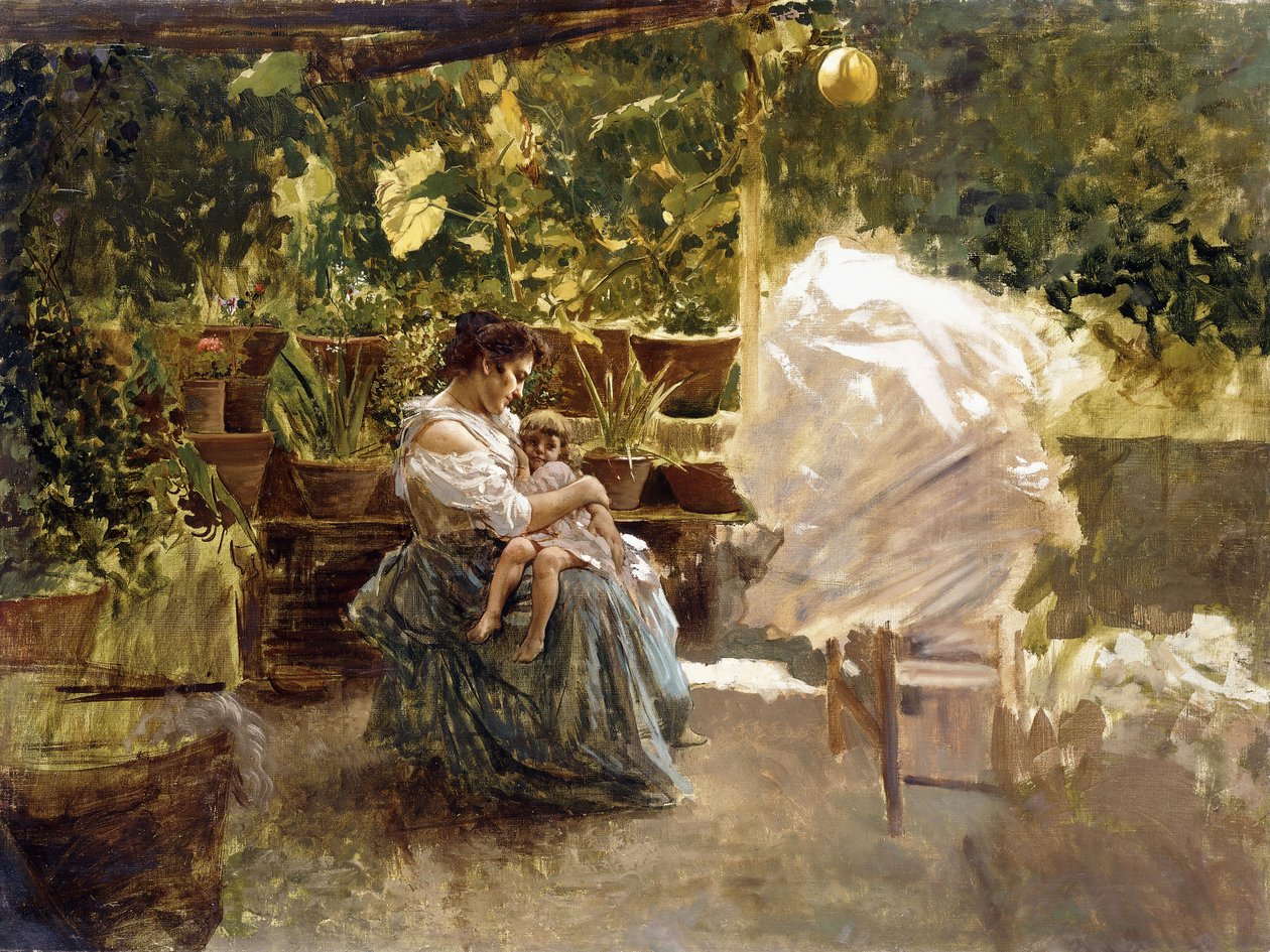Anya a gyermekével a verandán (olaj, vászon) alkotó: Salvatore Postiglione