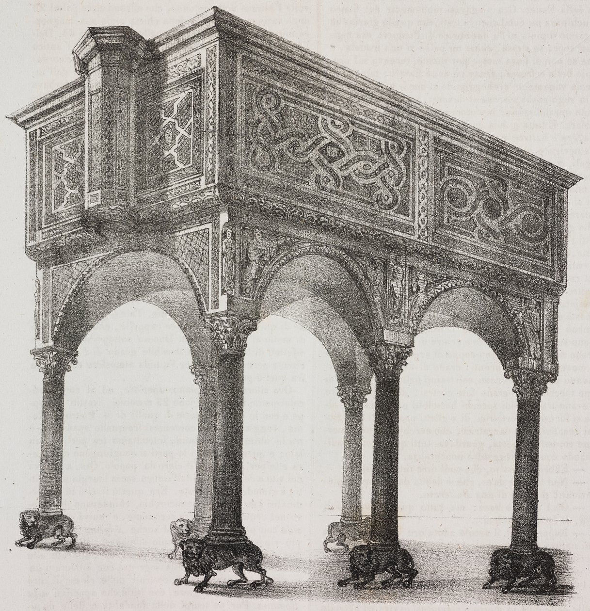 Ősi ambo Sessa Aurunca katedrálisban, Campania, Olaszország, Salvatore Puglia litográfiája Pasquale Mattei (1813-1879) rajza nyomán a Poliorama Pittoresco-ból, n. 43, május 31. alkotó: Salvatore Puglia