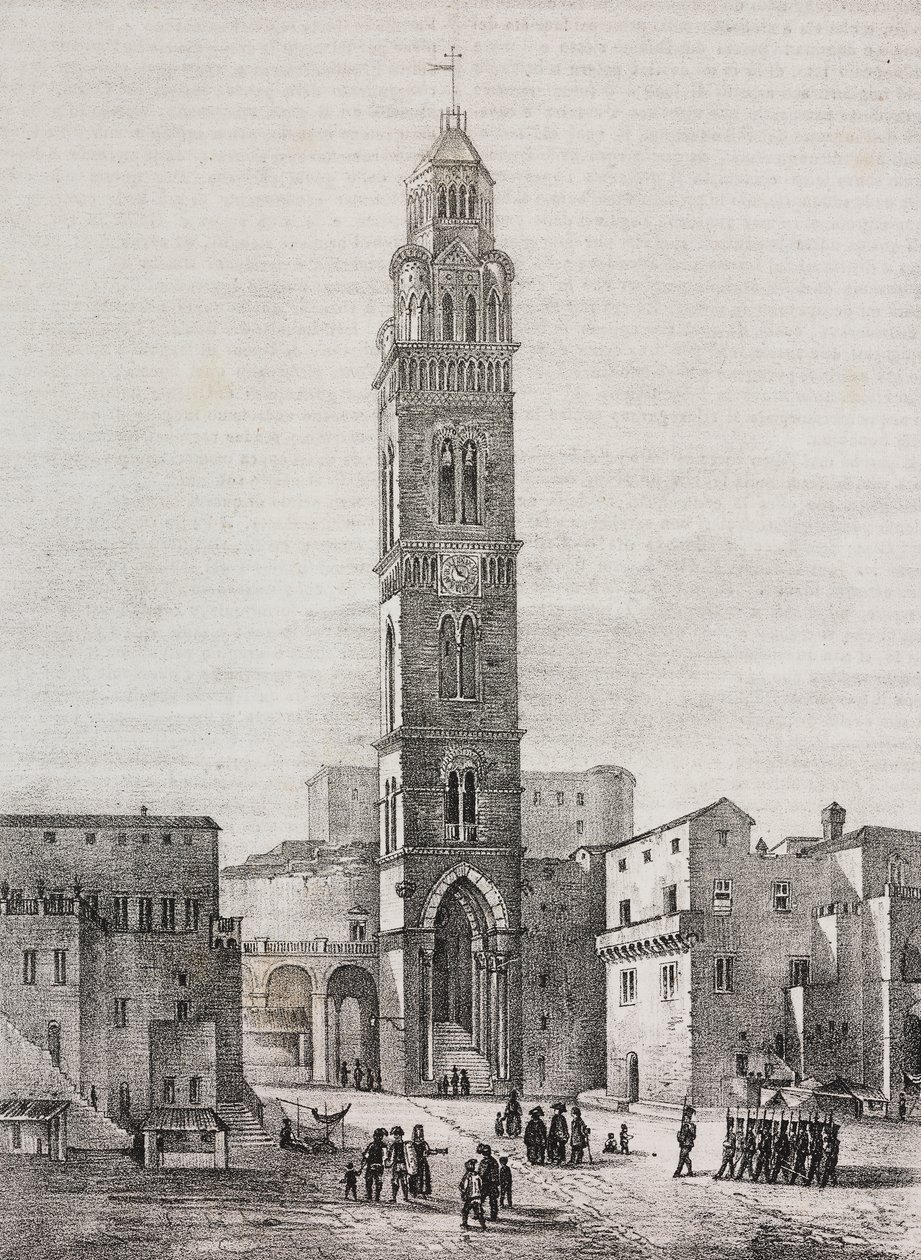 Gaeta katedrális harangtornya, Lazio, Olaszország, Salvatore Puglia litográfiája Pasquale Mattei (1813-1879) rajza alapján, Poliorama Pittoresco, 48. szám, július 6. alkotó: Salvatore Puglia