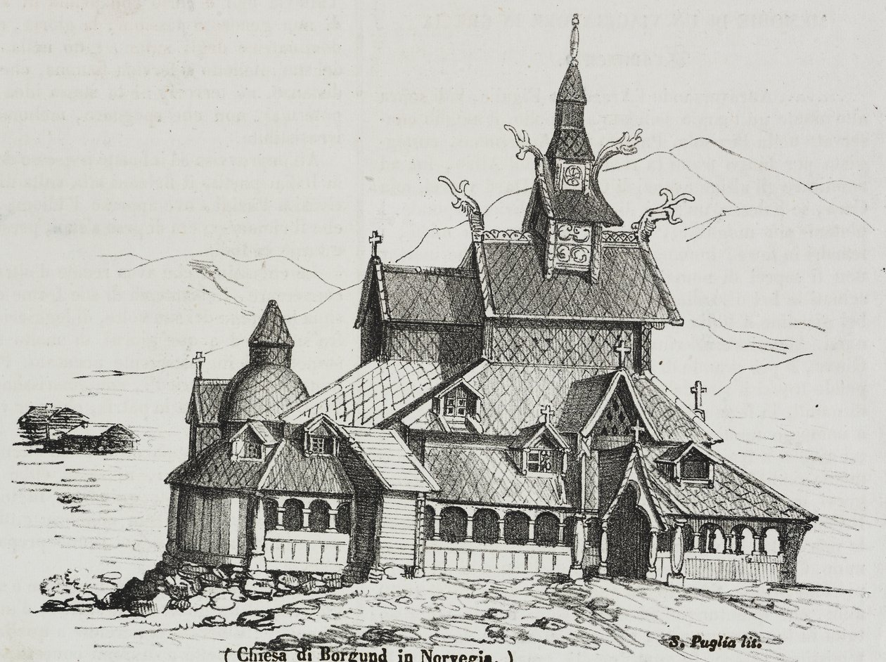 Borgund Stave Church, Norvégia, Salvatore Puglia litográfiája, Poliorama Pittoresco, 40. szám, május 14. alkotó: Salvatore Puglia