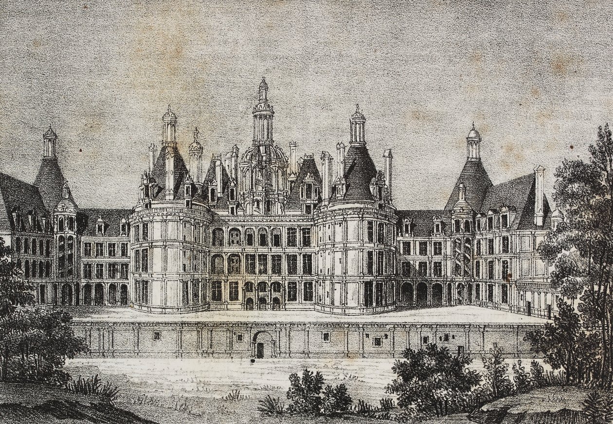 Chambord kastély, Franciaország, Salvatore Puglia litográfiája a Poliorama Pittorescoból, n. 39, május 6. alkotó: Salvatore Puglia