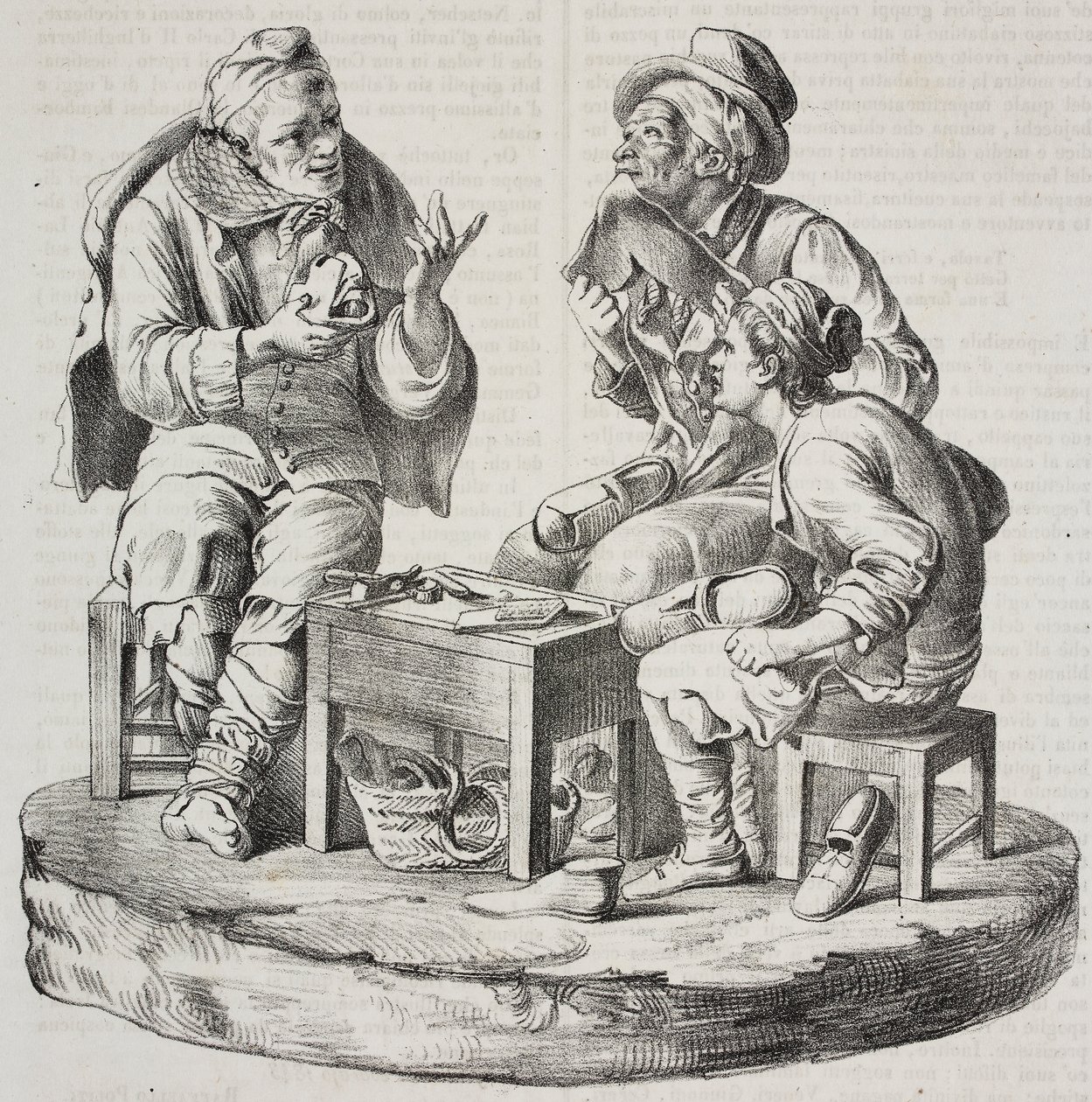 A vitában álló suszter, Giacomo Bongiovanni és Giuseppe Vaccaro szobrai, Salvatore Puglia litográfiája a Poliorama Pittoresco-ból, március 18., 32. alkotó: Salvatore Puglia