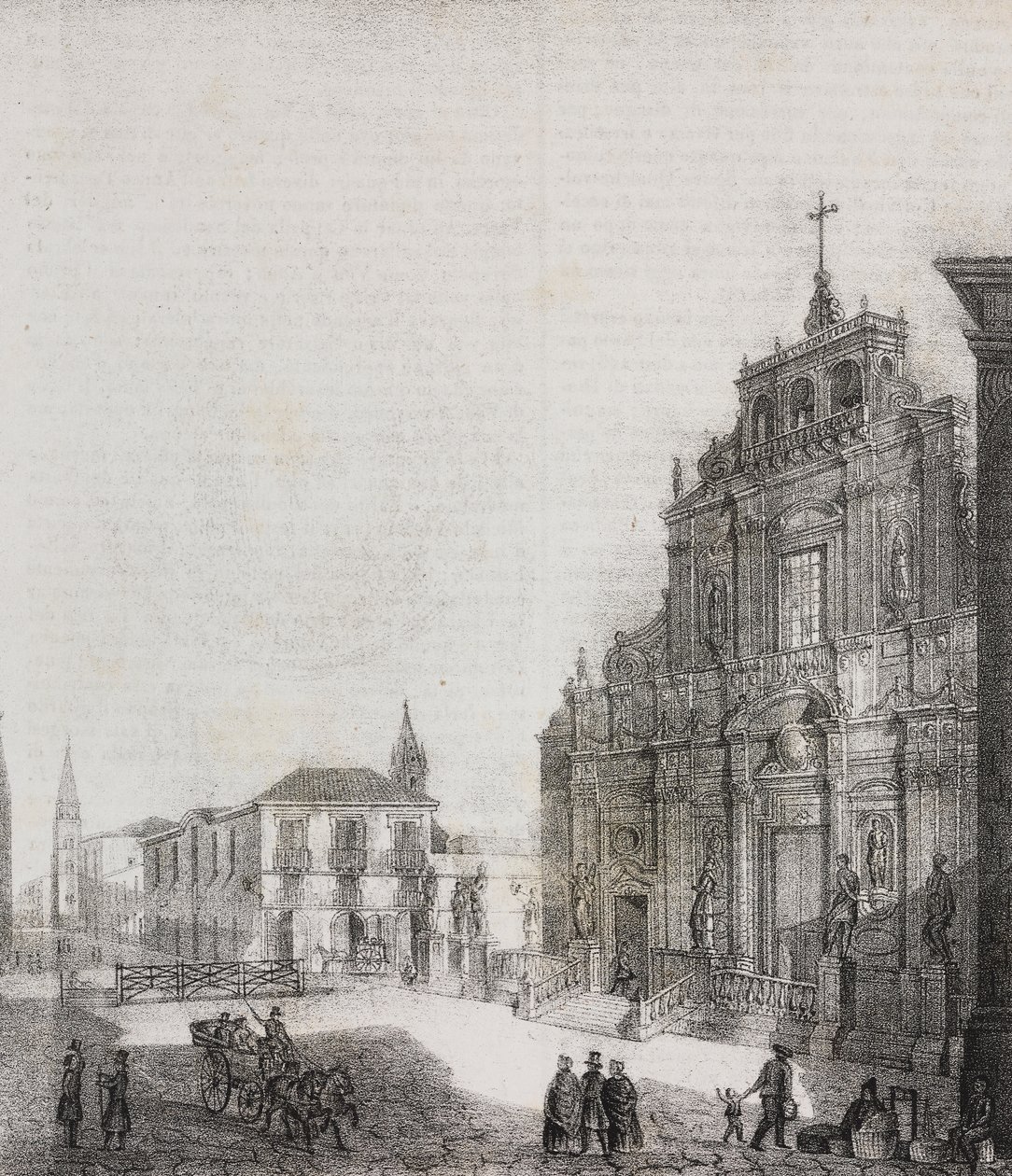 A San Sebastiano-bazilika homlokzata Acireale-ban, Szicília, Olaszország, Salvatore Puglia litográfiája, Poliorama Pittoresco, n. 39, május 3. alkotó: Salvatore Puglia