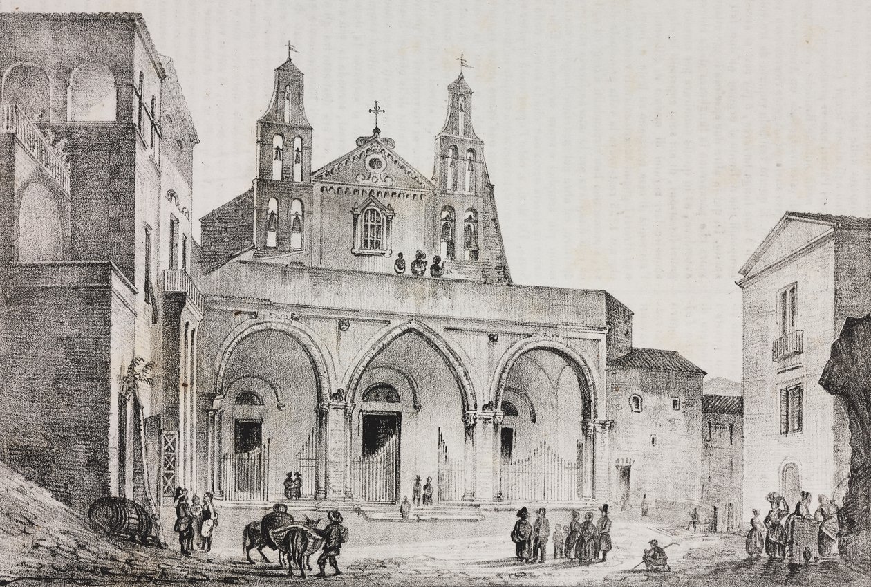 Sessa Aurunca székesegyházának homlokzata, Campania, Olaszország, Salvatore Puglia litográfiája Pasquale Mattei (1813-1879) rajza nyomán a Poliorama Pittoresco-ból, 42. szám, május 24. alkotó: Salvatore Puglia