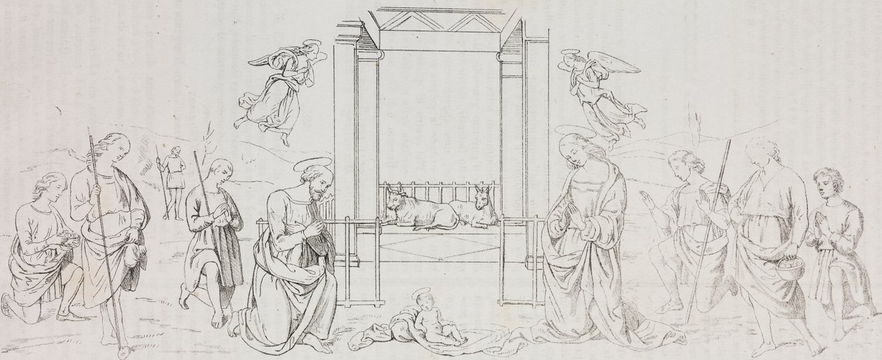 Fontignano születése, Pásztorok imádása, Salvatore Puglia litográfiája Pietro Perugino (kb. 1450-1523) festménye nyomán a Poliorama Pittoresco-ból, 42. szám, május 24. alkotó: Salvatore Puglia