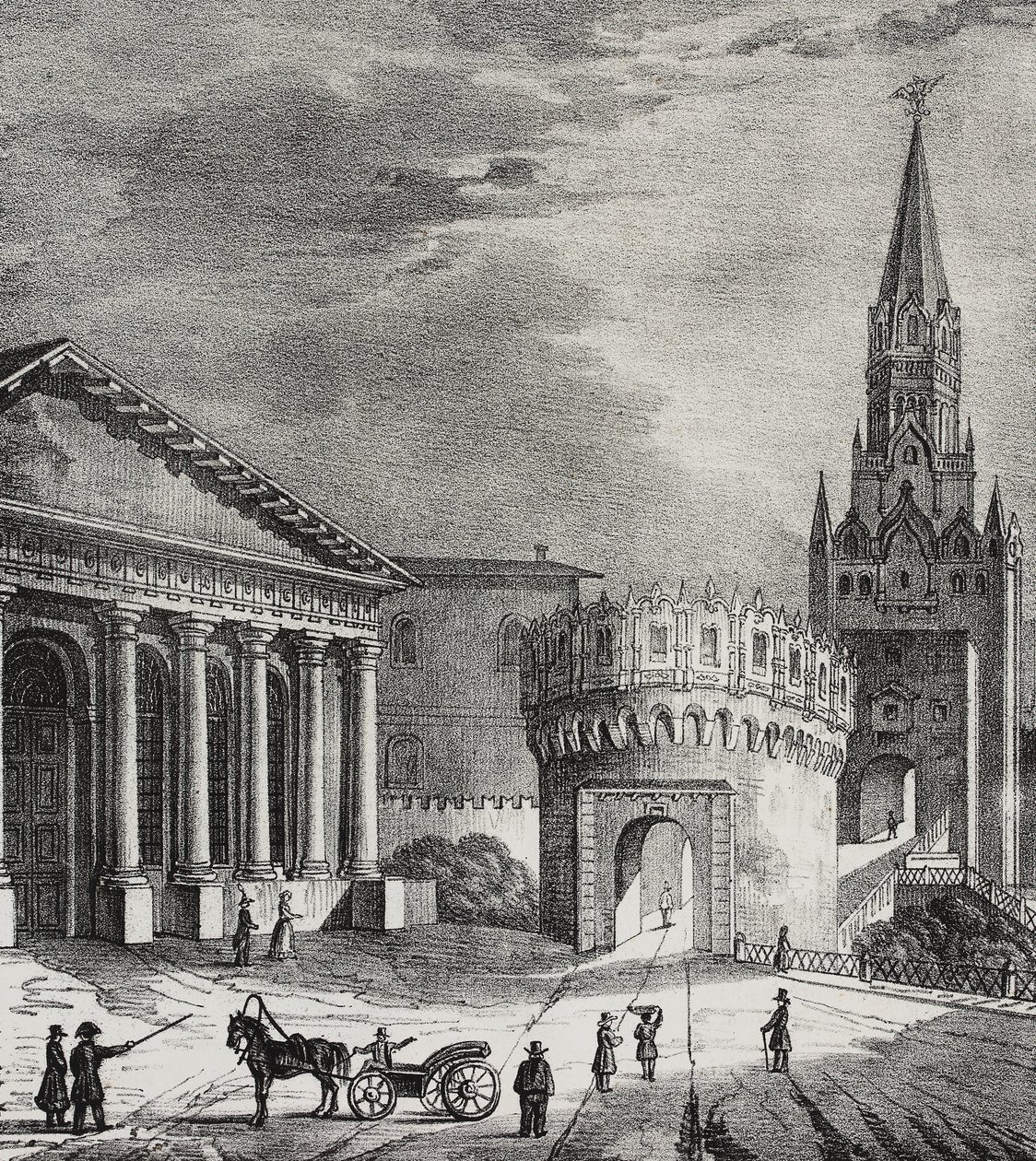 Troitskaya torony kapuja (Trinity Tower), Kreml, Moszkva, Oroszország, Salvatore Puglia litográfiája a Poliorama Pittorescoból, január 7. 22. alkotó: Salvatore Puglia