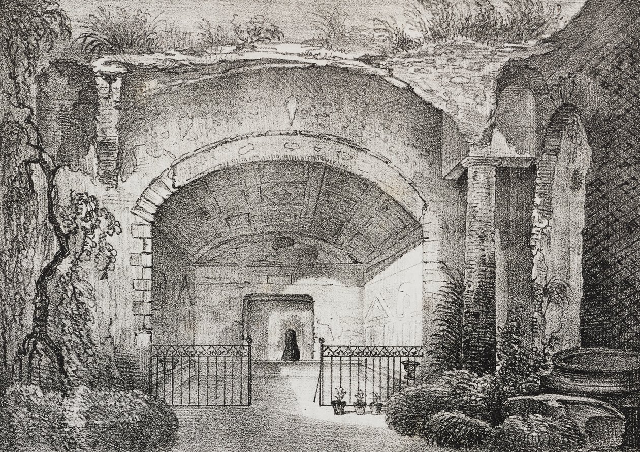 Hall Caposele herceg ősi villájában Formiában, Lazio, Olaszország, Salvatore Puglia litográfiája a Poliorama Pittorescoból, január 11. 23. alkotó: Salvatore Puglia