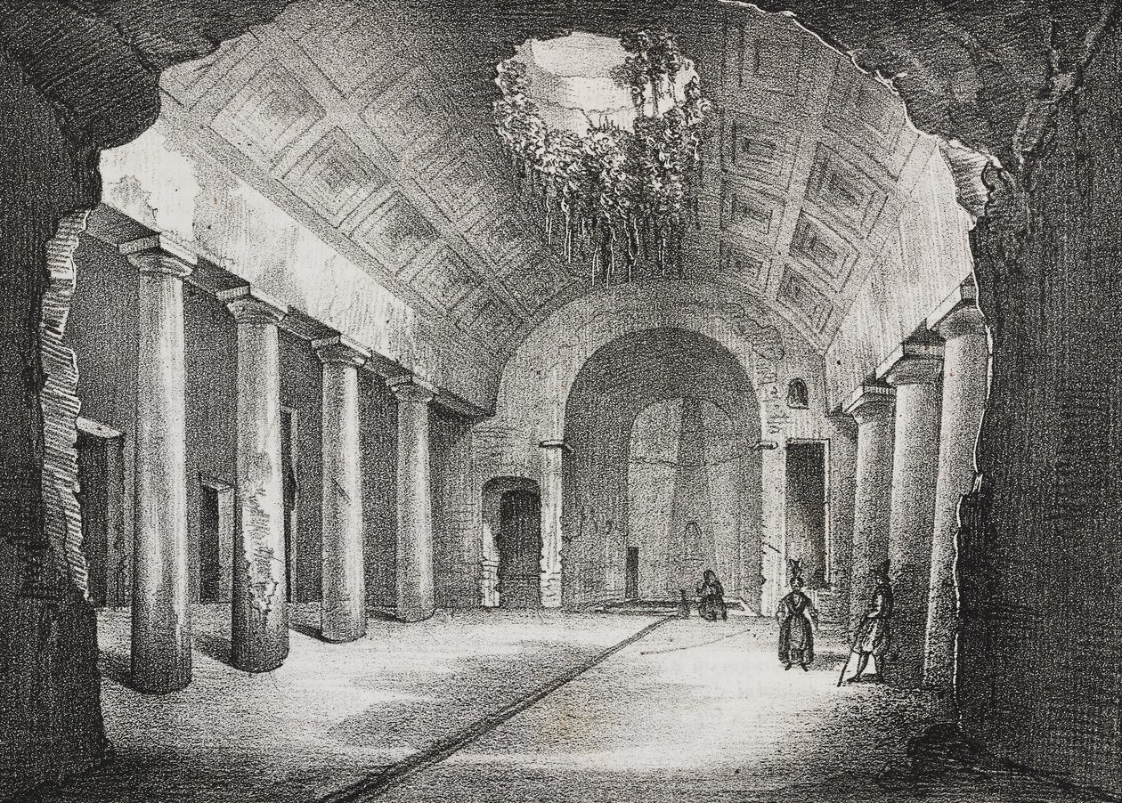 Hall Caposele herceg ősi villájában Formiában, Lazio, Olaszország, Salvatore Puglia litográfiája a Poliorama Pittorescoból, január 11. 23. alkotó: Salvatore Puglia