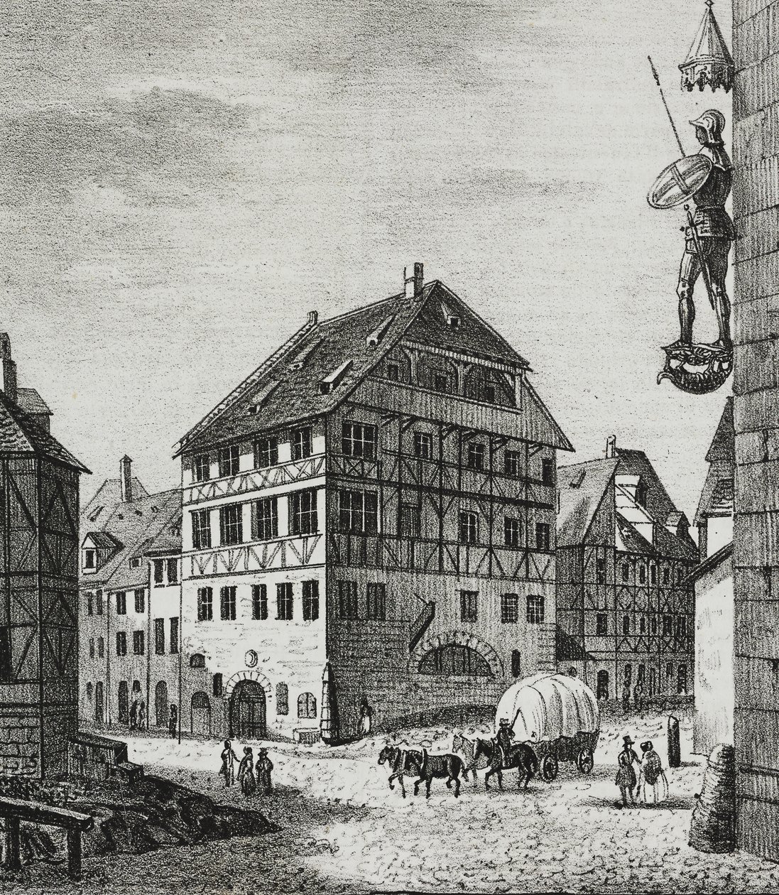 Albrecht Durer (1471-1528) háza Nürnbergben, Németországban, Salvatore Puglia litográfiája a Poliorama Pittoresco-ból, március 12., 31. alkotó: Salvatore Puglia