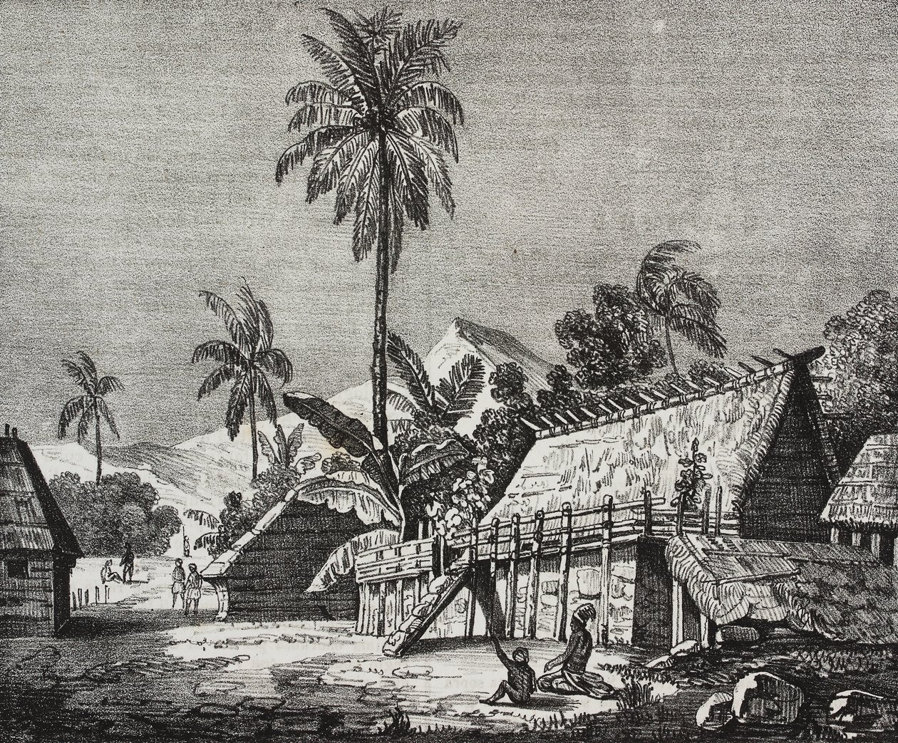Noukahiva-sziget királynőjének háza (ma Nuku Hiva), Marquesas-szigetek, Francia Polinézia, Salvatore Puglia litográfiája a Poliorama Pittorescoból, április 37. alkotó: Salvatore Puglia