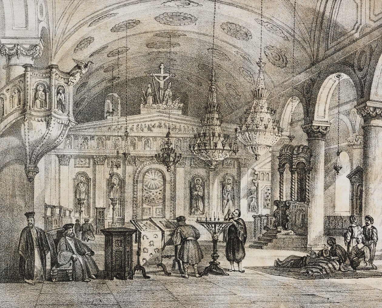 Baloukli görög templom belseje, Konstantinápoly közelében, Törökország, Salvatore Puglia litográfiája a Poliorama Pittorescoból, n. 28, február 15. alkotó: Salvatore Puglia