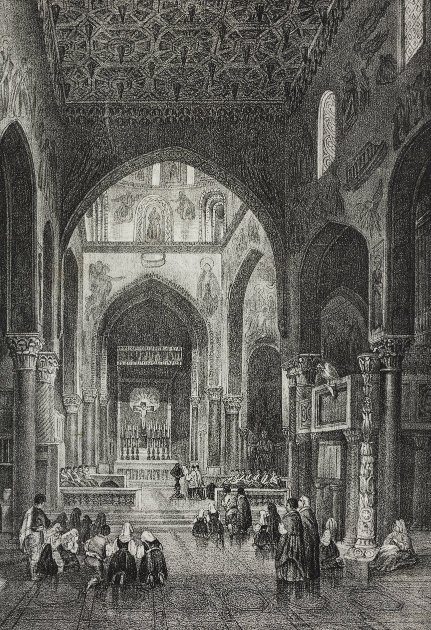 A Palazzo dei Normanni Palatinus-kápolna vagy a Palermói Királyi Palota belseje, Szicília, Olaszország, Salvatore Puglia litográfiája a Poliorama Pittoresco-ból, 41. szám, május 21. alkotó: Salvatore Puglia