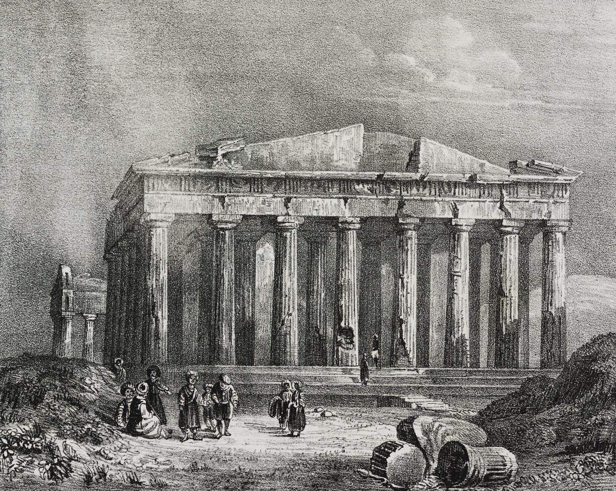 Parthenon, Athéni Akropolisz, Görögország, Salvatore Puglia litográfiája a Poliorama Pittorescoból, n. 32, március 19. alkotó: Salvatore Puglia