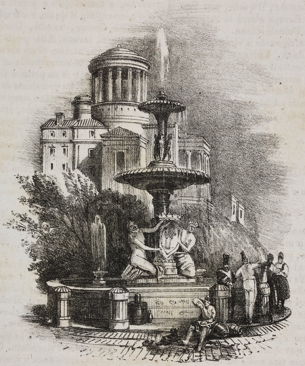 Prado szökőkút, Madrid, Spanyolország, Salvatore Puglia litográfiája a Poliorama Pittorescoból, n. 39, május 4. alkotó: Salvatore Puglia