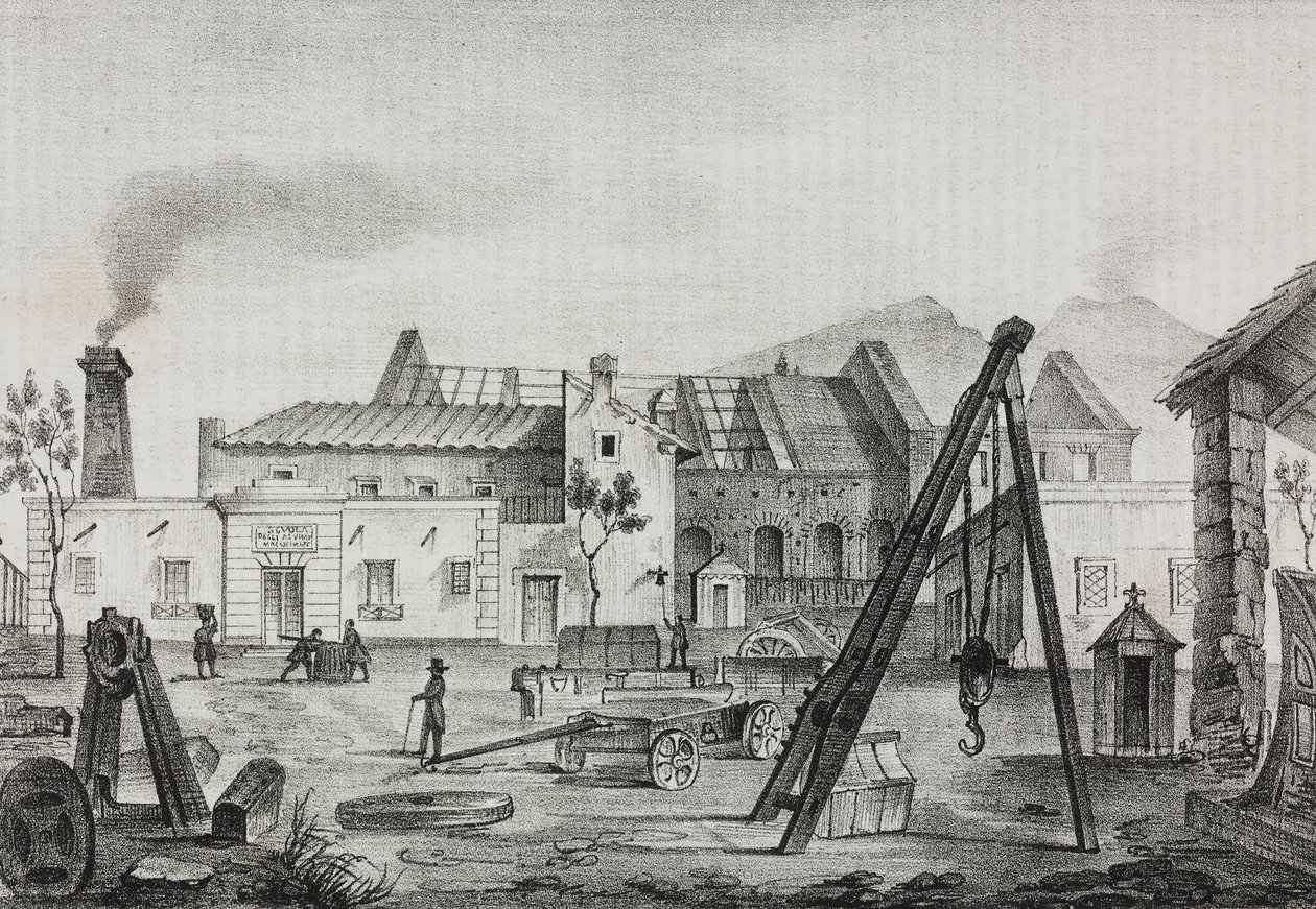 Királyi mechanikai gyár (Royal Mechanical Factory) Pietrarsában, Campania, Olaszország, Gaetano Riccio litográfiája a Poliorama Pittoresco-tól, n. 39, május 7. alkotó: Salvatore Puglia