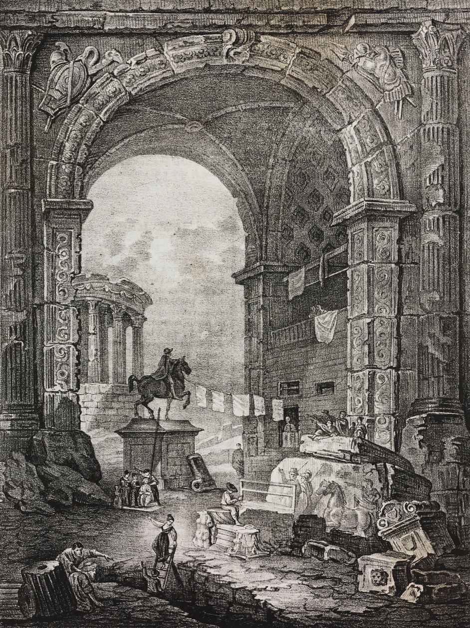 Római romok, Hubert Robert (1733-1808) festménye, Salvatore Puglia litográfiája a Poliorama Pittorescoból, n. 28, február 17. alkotó: Salvatore Puglia
