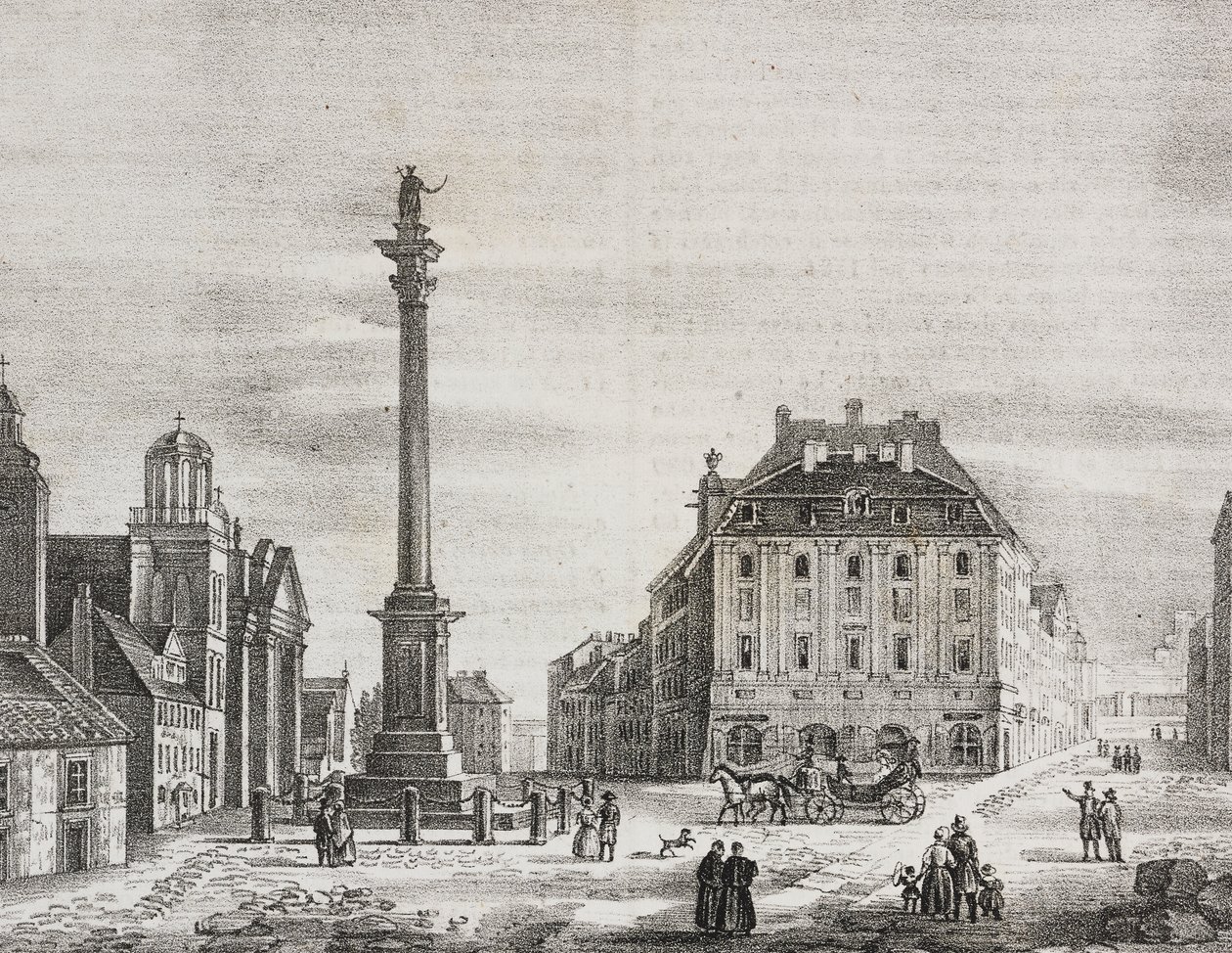 Zsigmond-oszlop, III. Zsigmond Vasa király (1566-1632) emlékére, Varsó, Lengyelország, Salvatore Puglia litográfiája a Poliorama Pittorescoból, 46. szám, június 21. alkotó: Salvatore Puglia