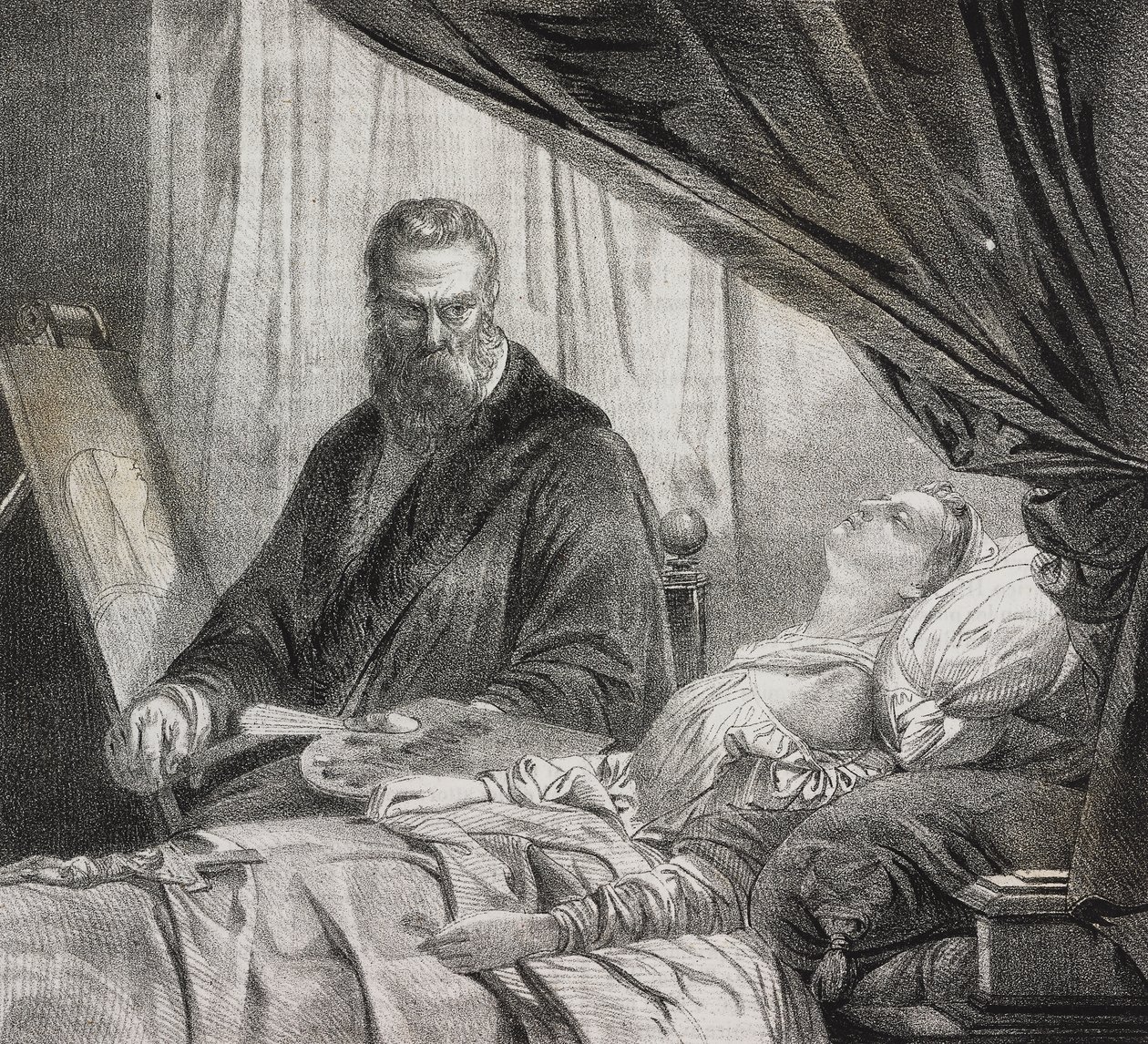 Tintoretto halott lányát festi, Salvatore Puglia litográfiája a Poliorama Pittorescoból, n. 27, február 10. alkotó: Salvatore Puglia