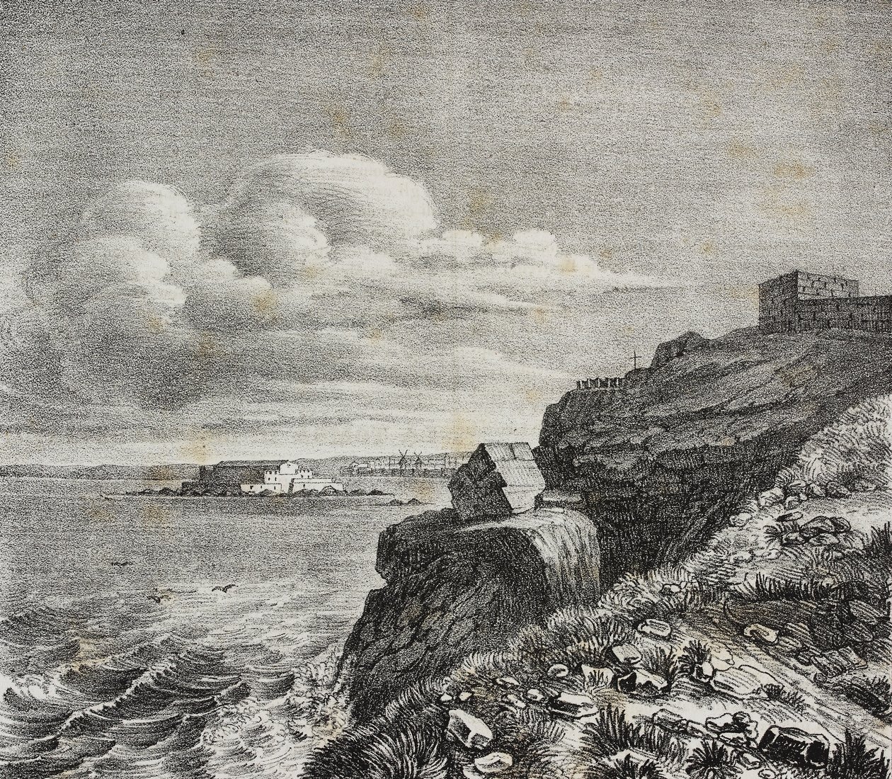 Francois-Rene de Chateaubriand sírja Saint-Malo-ban, Franciaországban, Gaetano Riccio litográfiája a Poliorama Pittoresco-ból, március 18., 32. alkotó: Salvatore Puglia