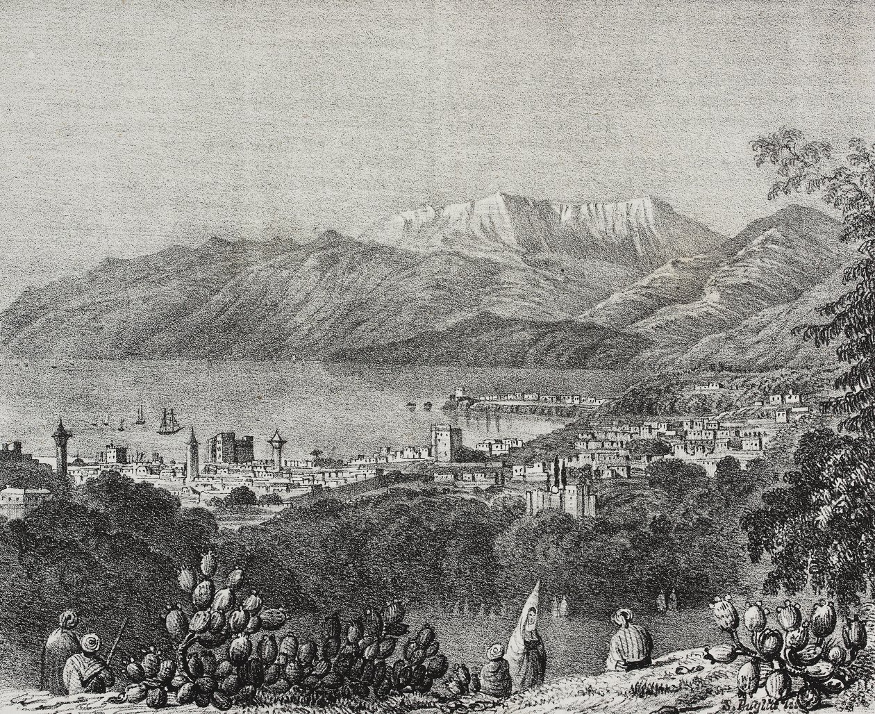 Kilátás Bejrútra és a Mount Lebanon hegységre, Libanon, Salvatore Puglia litográfiája a Poliorama Pittorescoból, október 1. 8. alkotó: Salvatore Puglia