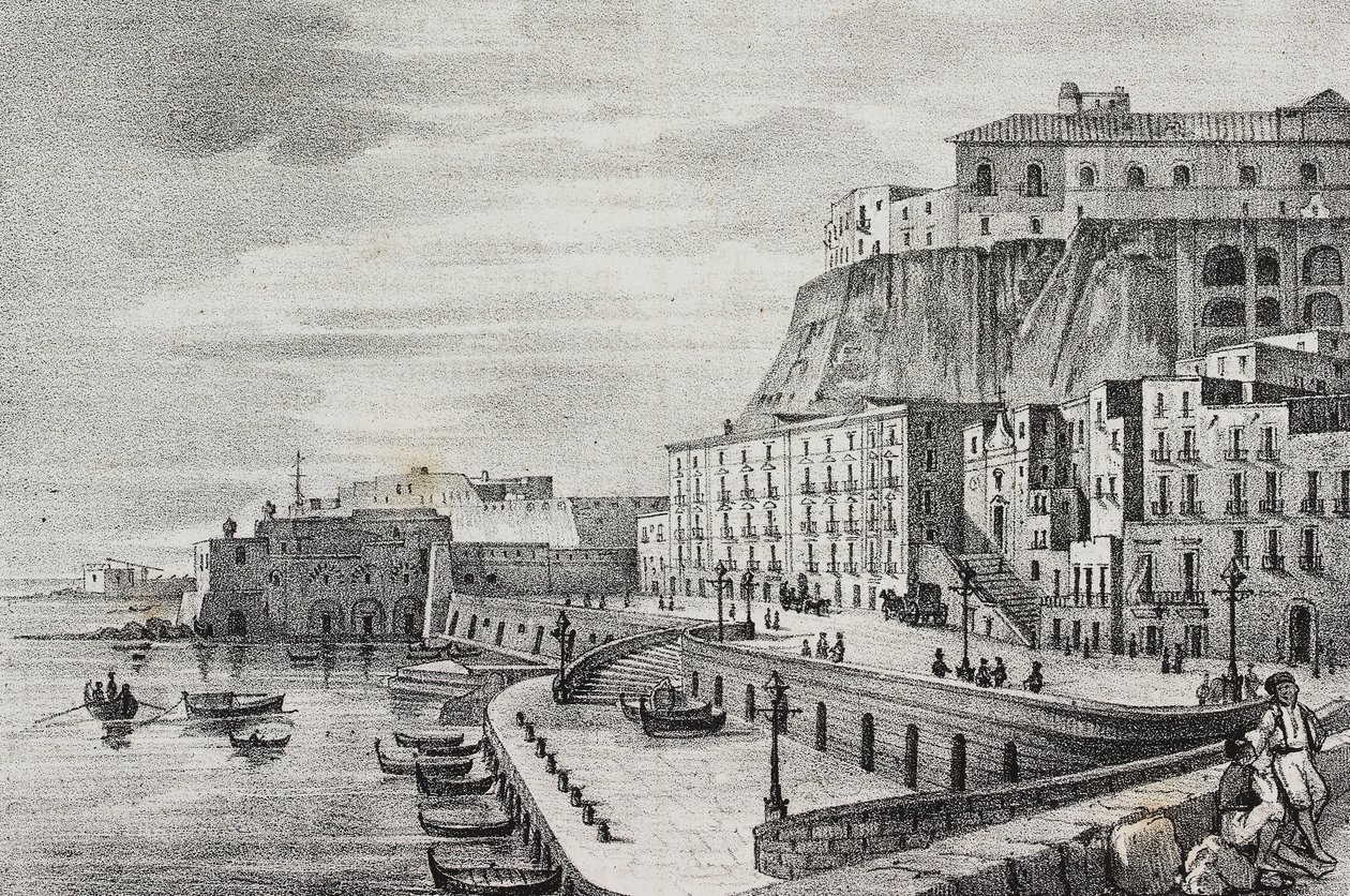 Borgo Santa Lucia látképe, Nápoly, Campania, Olaszország, Salvatore Puglia litográfiája a Poliorama Pittorescoból, n. 36, április 15. alkotó: Salvatore Puglia