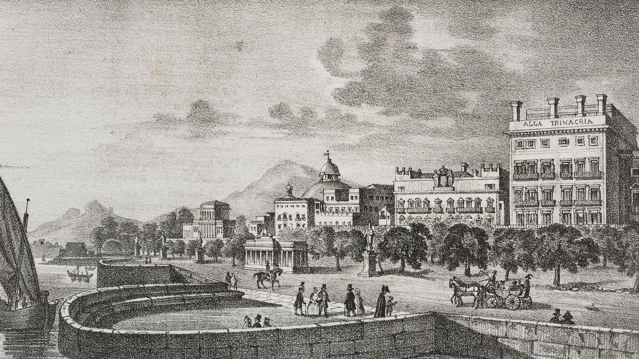 Kilátás a Bourbon fórumra és a Trinacria szállodára, Palermo, Szicília, Olaszország, Salvatore Puglia litográfiája Di Giovanni metszetével a Poliorama Pittorescoból, n. 37, április 19. alkotó: Salvatore Puglia