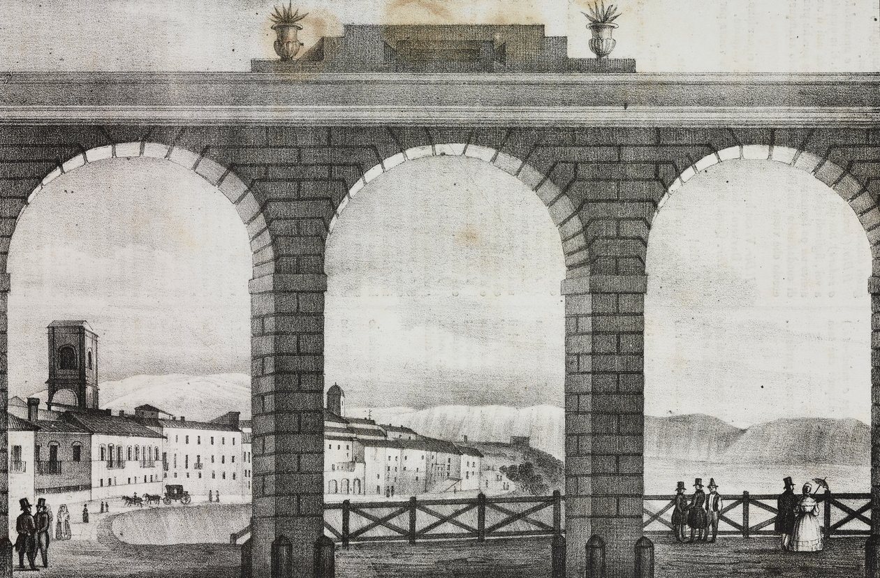 Chieti látképe a Piazza Grande-ról, Olaszország, Salvatore Puglia litográfiája a Poliorama Pittoresco-ból, n 2, augusztus 21. alkotó: Salvatore Puglia