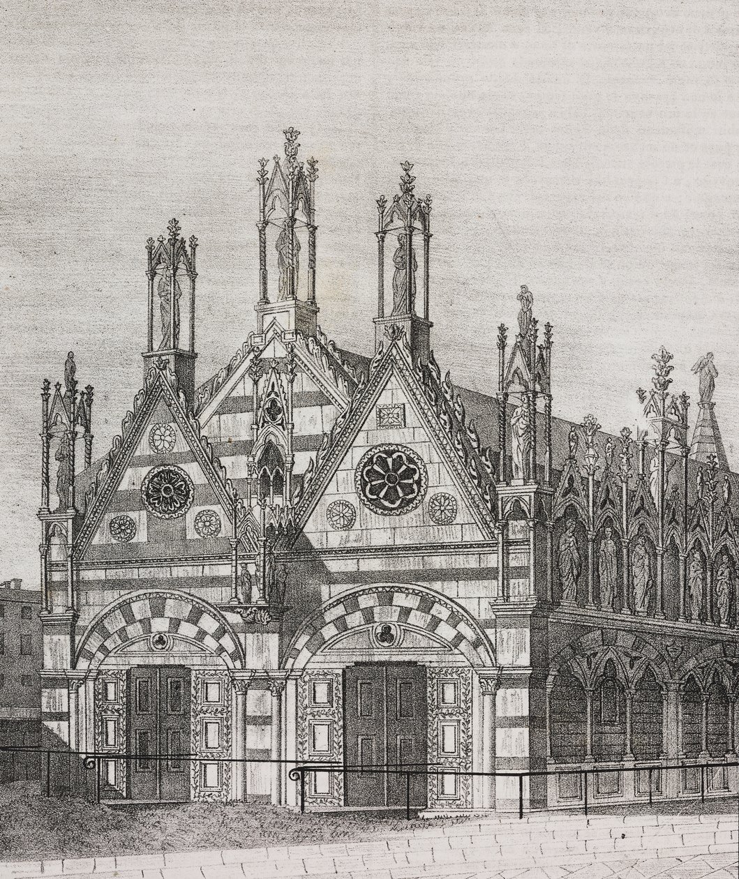 Kilátás a Santa Maria della Spina-templomra Pisában, Toszkánában, Olaszországban, Salvatore Puglia litográfiája a Poliorama Pittoresco-ból, n. 34, március 29. alkotó: Salvatore Puglia