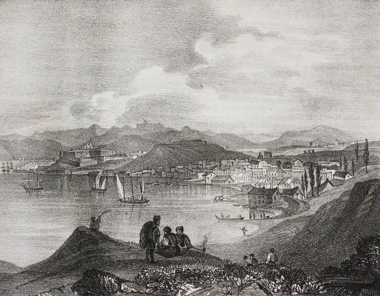 Korfu kilátása az Oliveto-hegyről, Jón-szigetek, Görögország, Salvatore Puglia litográfiája a Poliorama Pittorescoból, január 25. n. 25. alkotó: Salvatore Puglia